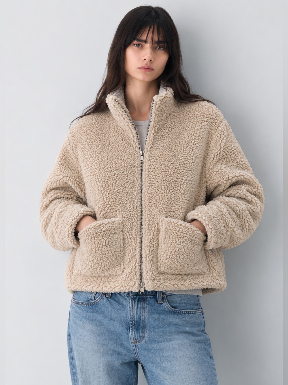 Streetwear Society Teddy Sherpa Fleece Jacket Beige Size Small | Cozy Zip-Up